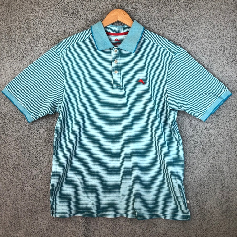 Tommy Bahama Mens Large Turquoise White Striped Short Sleeve Marlin Polo Shirt